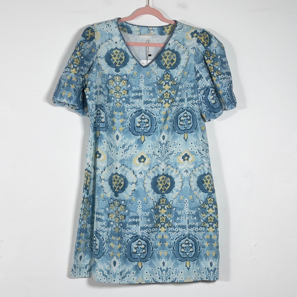 Bombay Paisley Mini Dress Womens Sz XL Blue Ikat Shift V-Neck Puff Sleeve